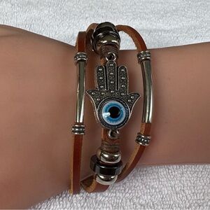 Hamsa Unisex Evil Eye Leather Wrap Bracelet - Stainless Steel Clasp